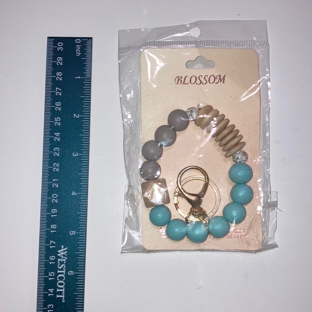 Blue and Gray Silicone Stretch Wristlet Keychain with Wooden Beads NWT